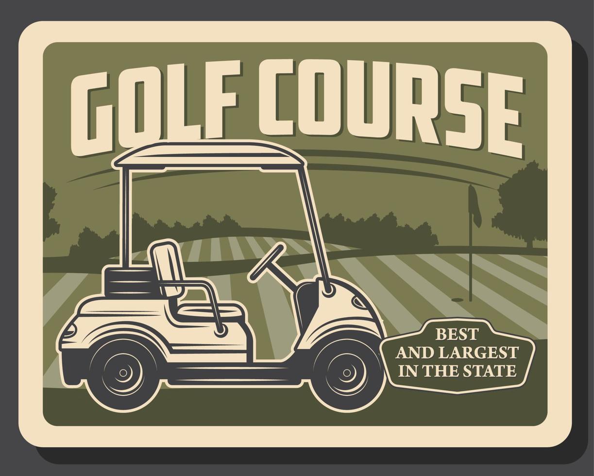 Golf sport green course, flag, hole and cart vector