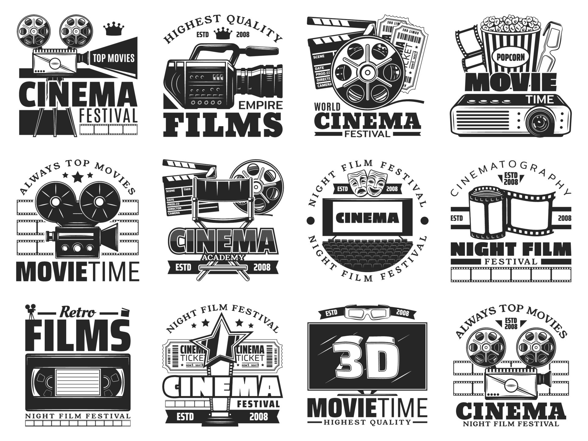 Film reel, cinema tickets, popcorn and 3d glasses 16545128 Vector Art
