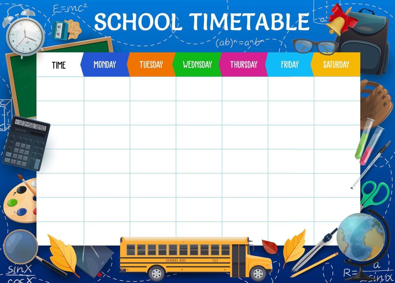School timetable, weekly pupil schedule template vector