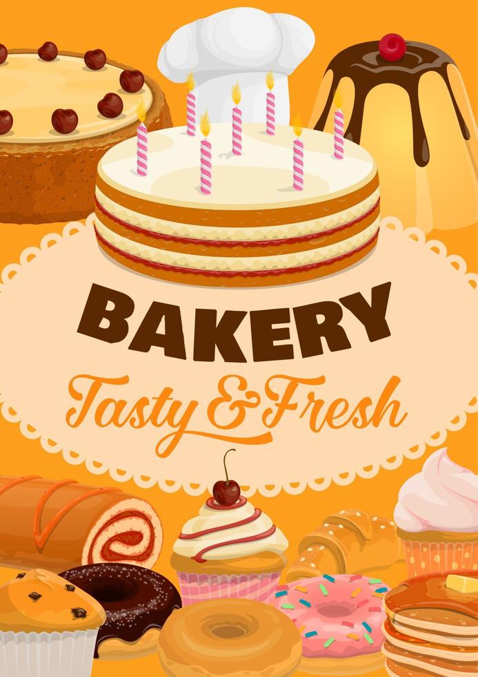 Bakery shop desserts, sweet cakes and cookies vector