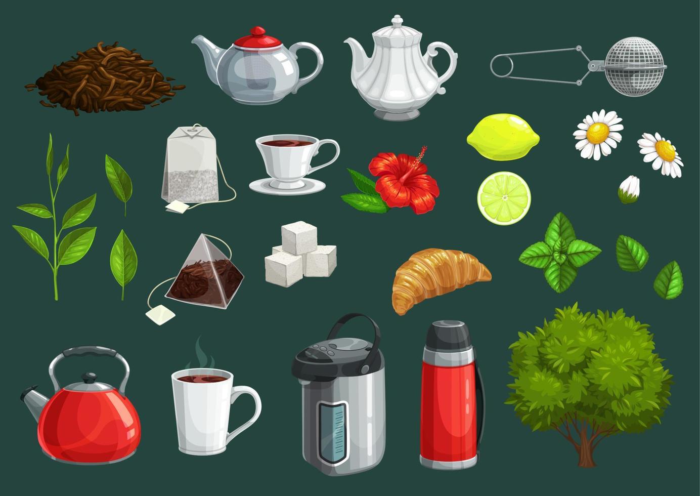 Tea icons of cups, teapot, leaves, sugar, teabags vector