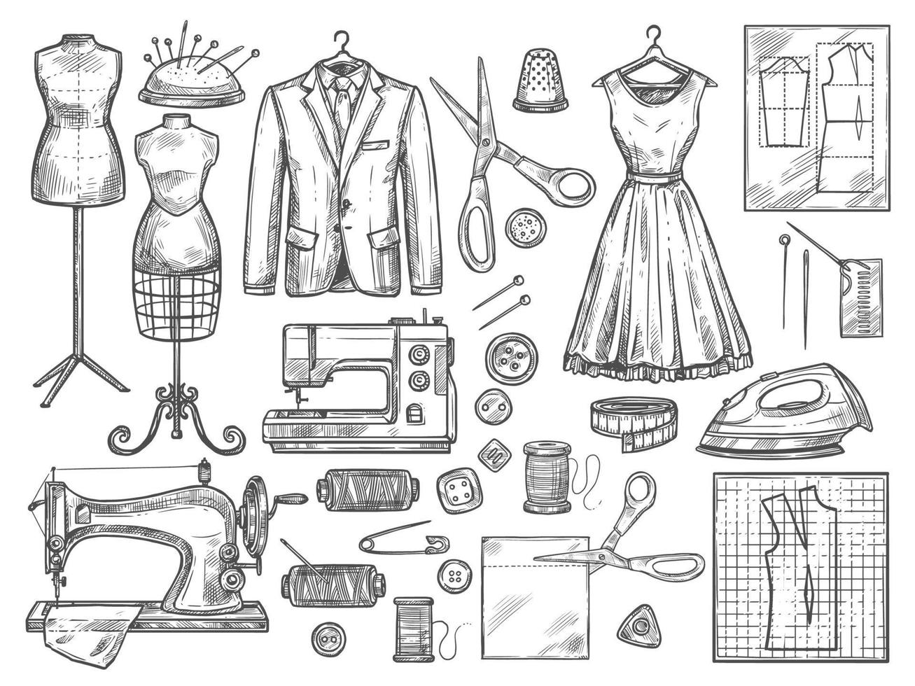 Tailoring and dressmaking vector sketch icons