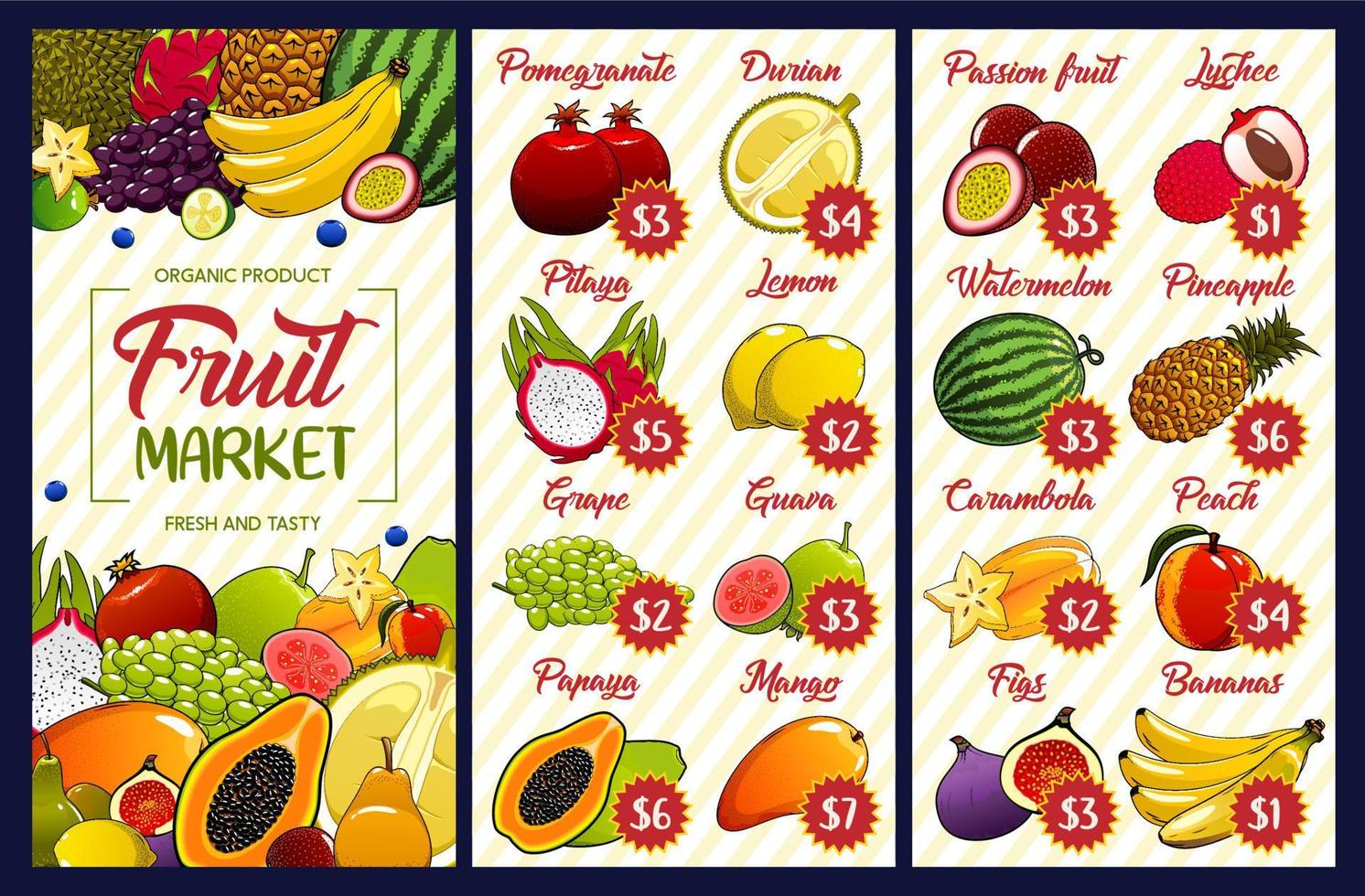 Fruit vector price, farm market or store menu