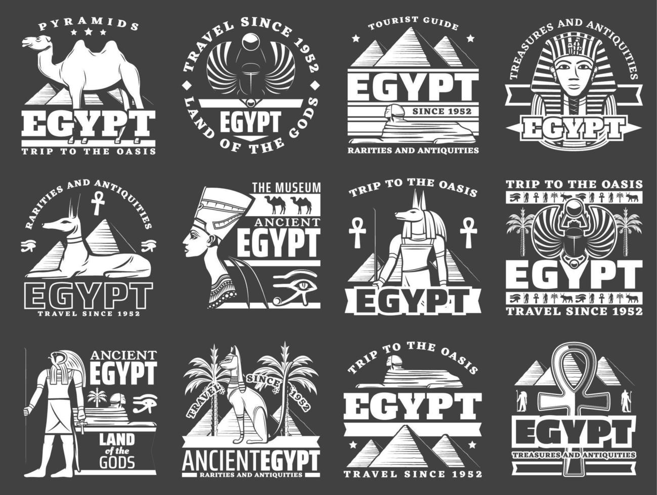 iconos de la antigua pirámide egipcia, dios, ankh, esfinge vector