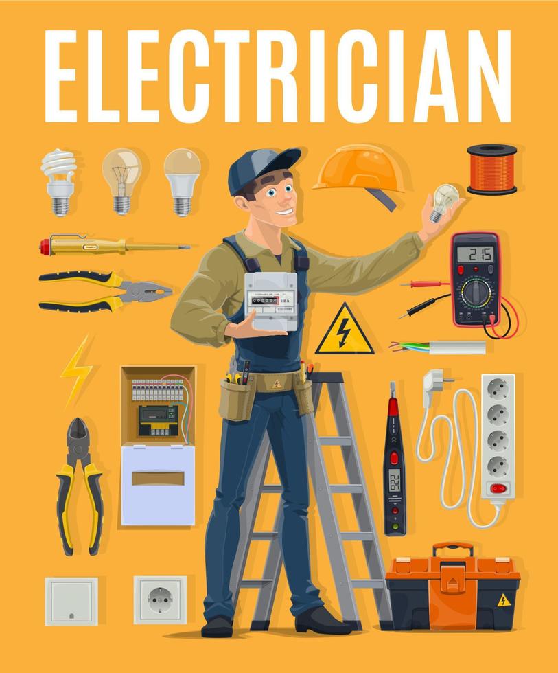 Electrician with work equipment, toolbox and tools vector