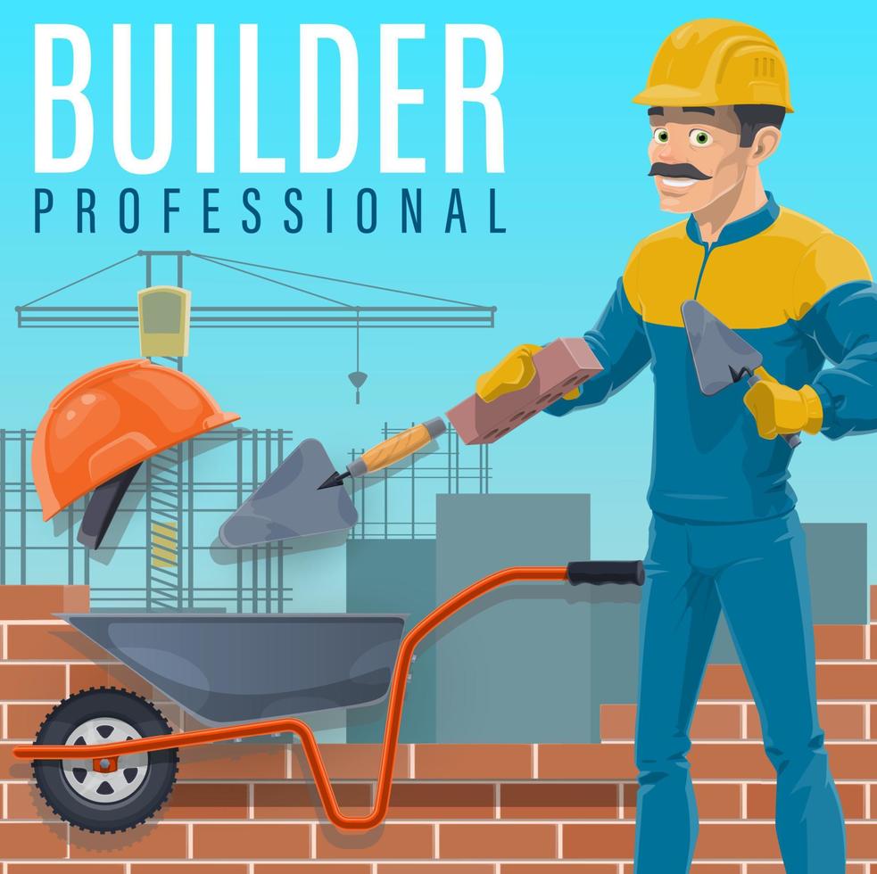 Builder laying a bricks on construction site vector