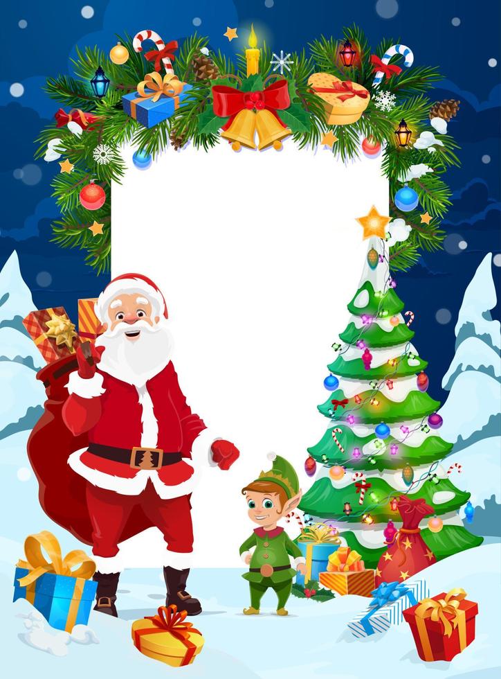 Santa, elf, Christmas tree with gifts and presents vector
