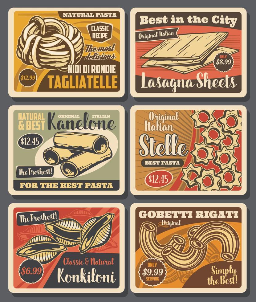 Italian pasta, conchiglie, cannelloni and lasagna vector