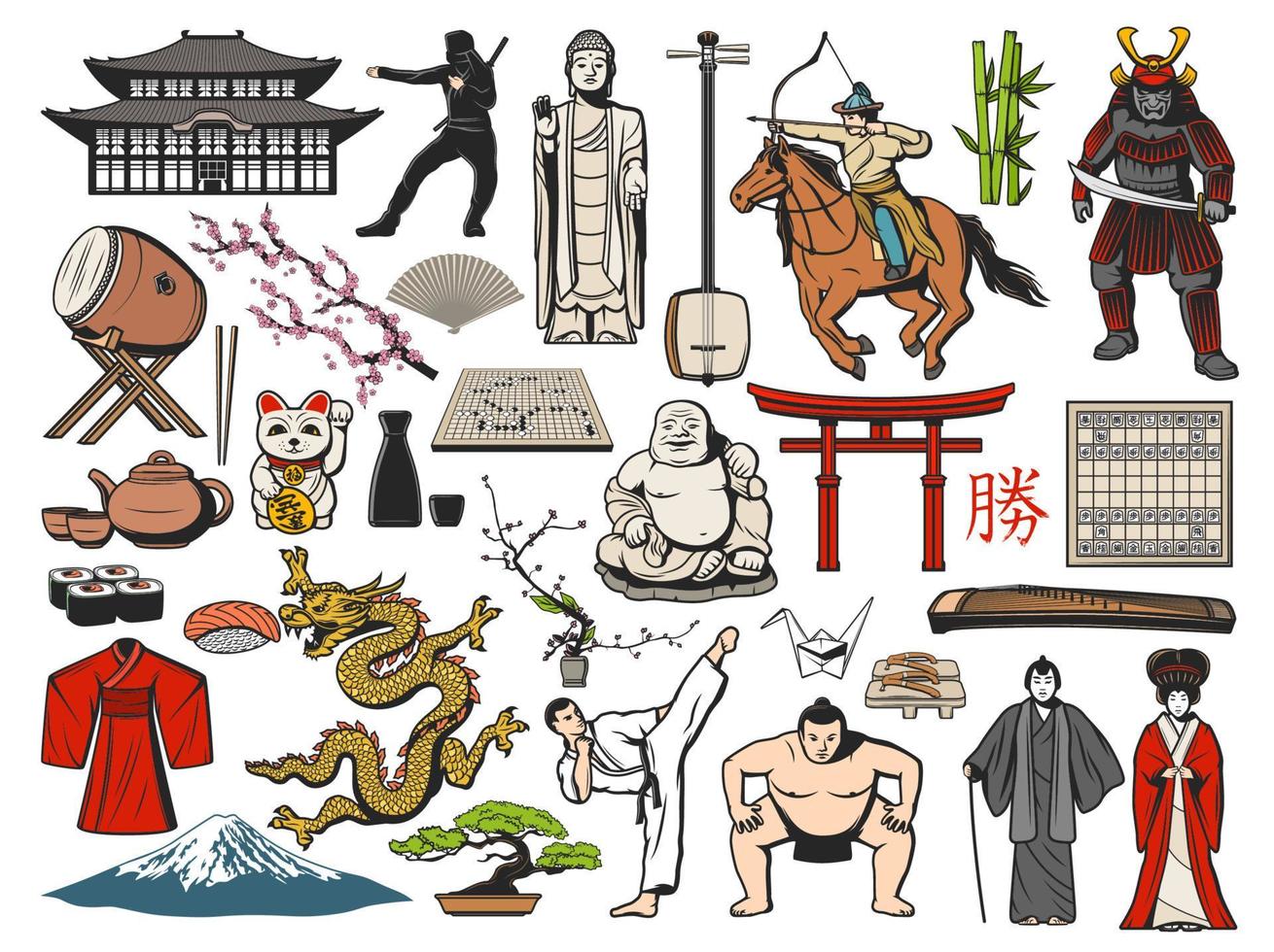 Japanese Fuji, sushi, Asian temple, geisha icons vector