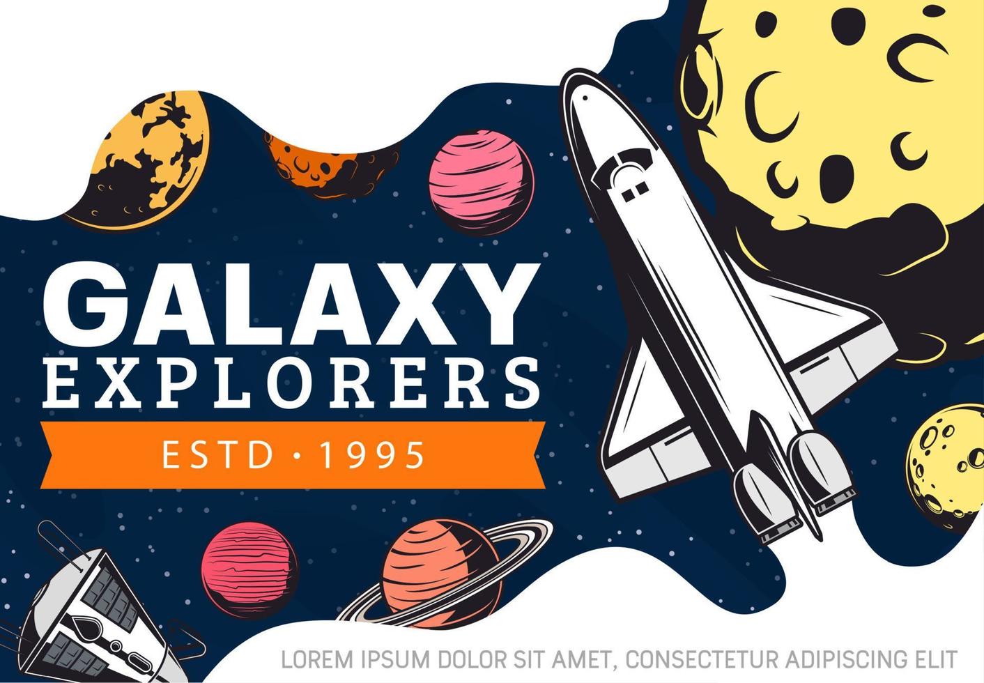 Spaceship, planets, satellite and space rocket vector