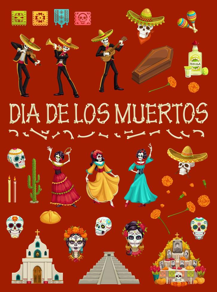 dia mexicano de muertos calavera, esqueleto y cementerio vector