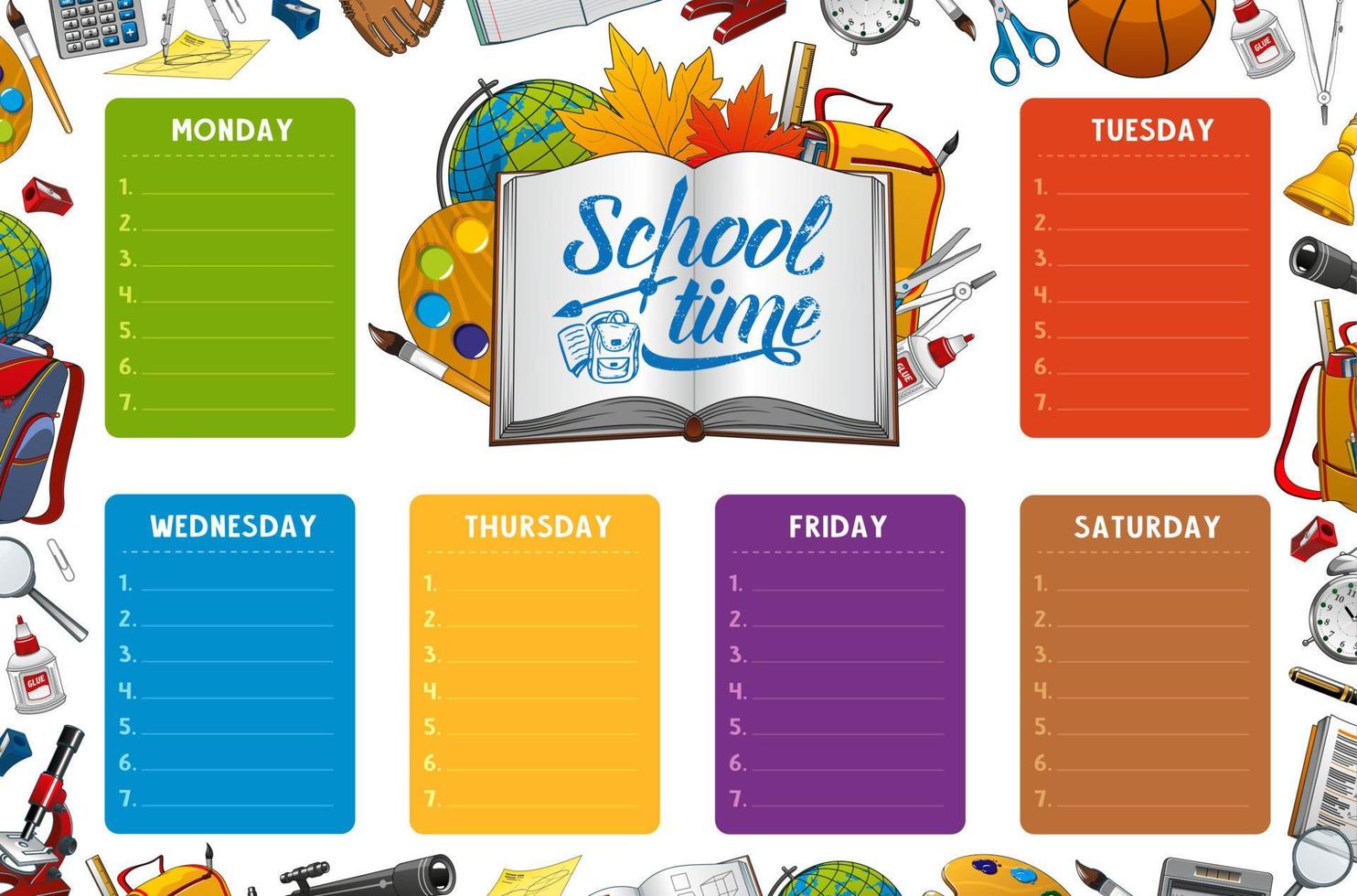 School timetable week schedule, color notes vector