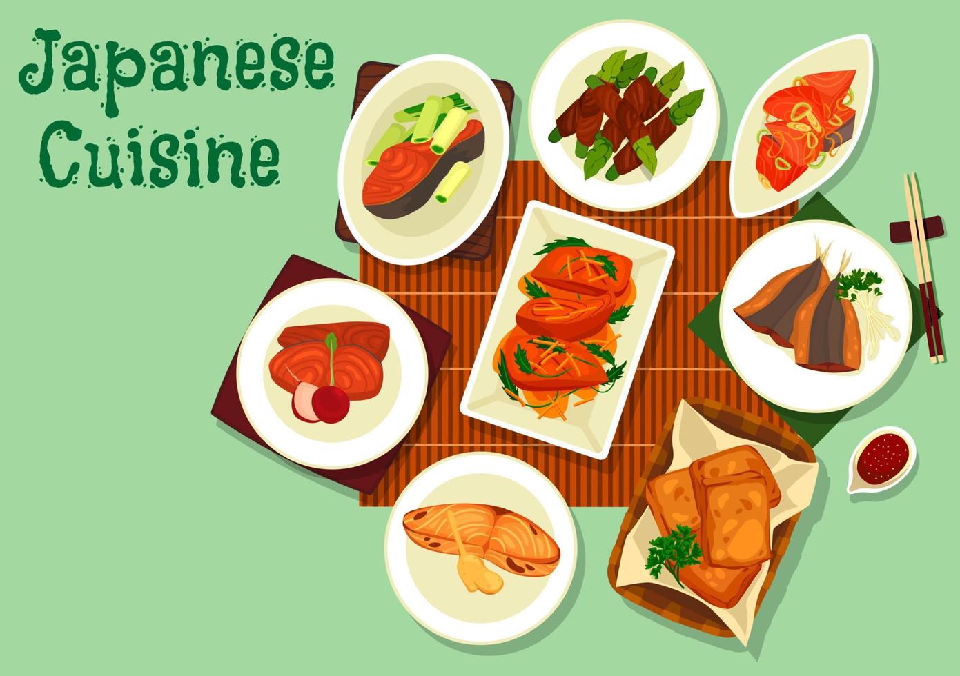 Japanese fish and meat dishes with ginger, sauces vector
