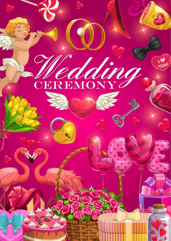 Wedding rings, bride and groom love hearts, gifts vector