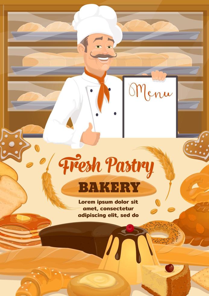 Bakery shop bread and desserts, baker menu vector