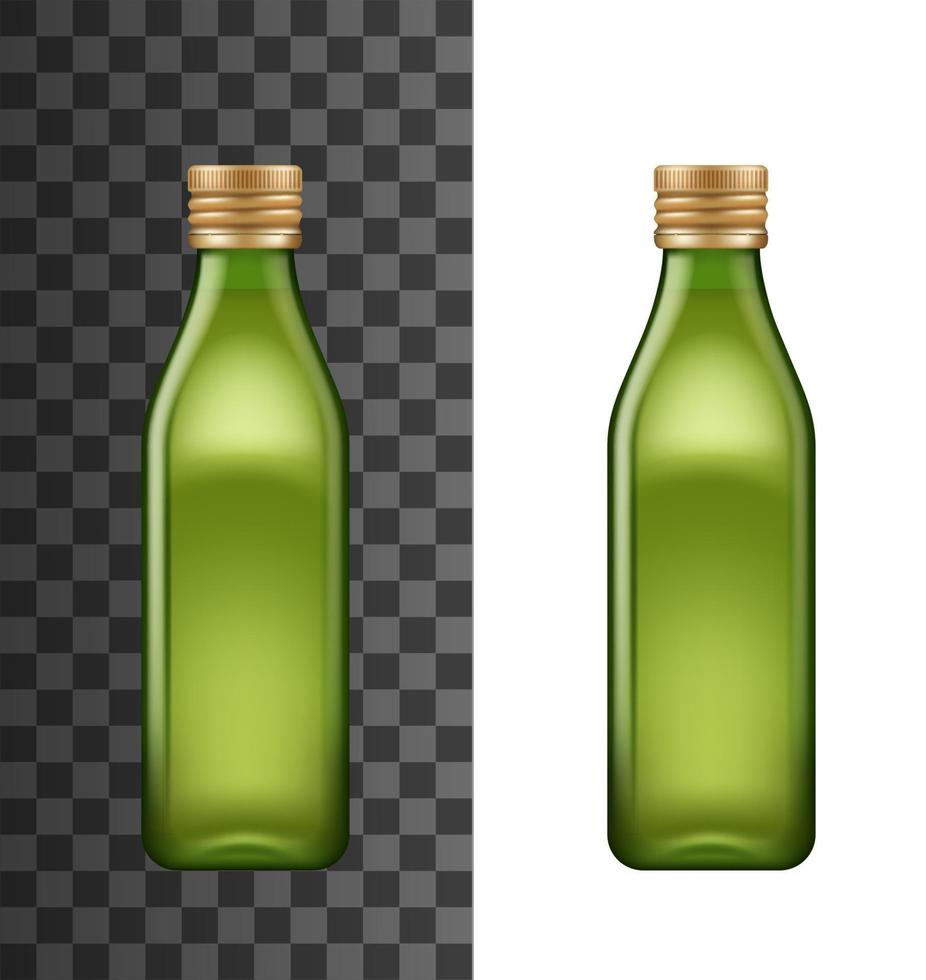 Olive oil green bottle with lid, realistic mockup vector