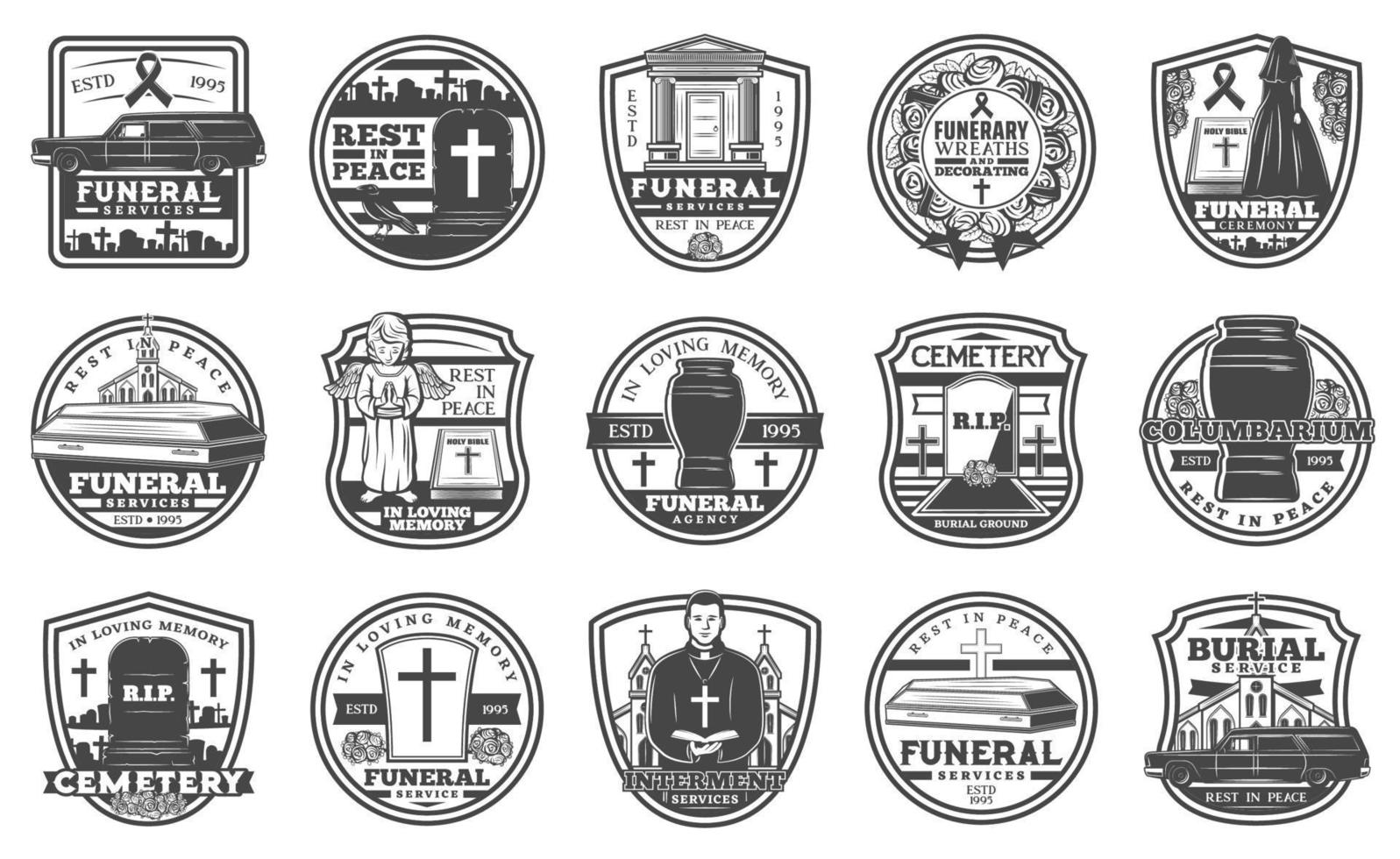 Funeral coffin, cremation urn, burial icons vector