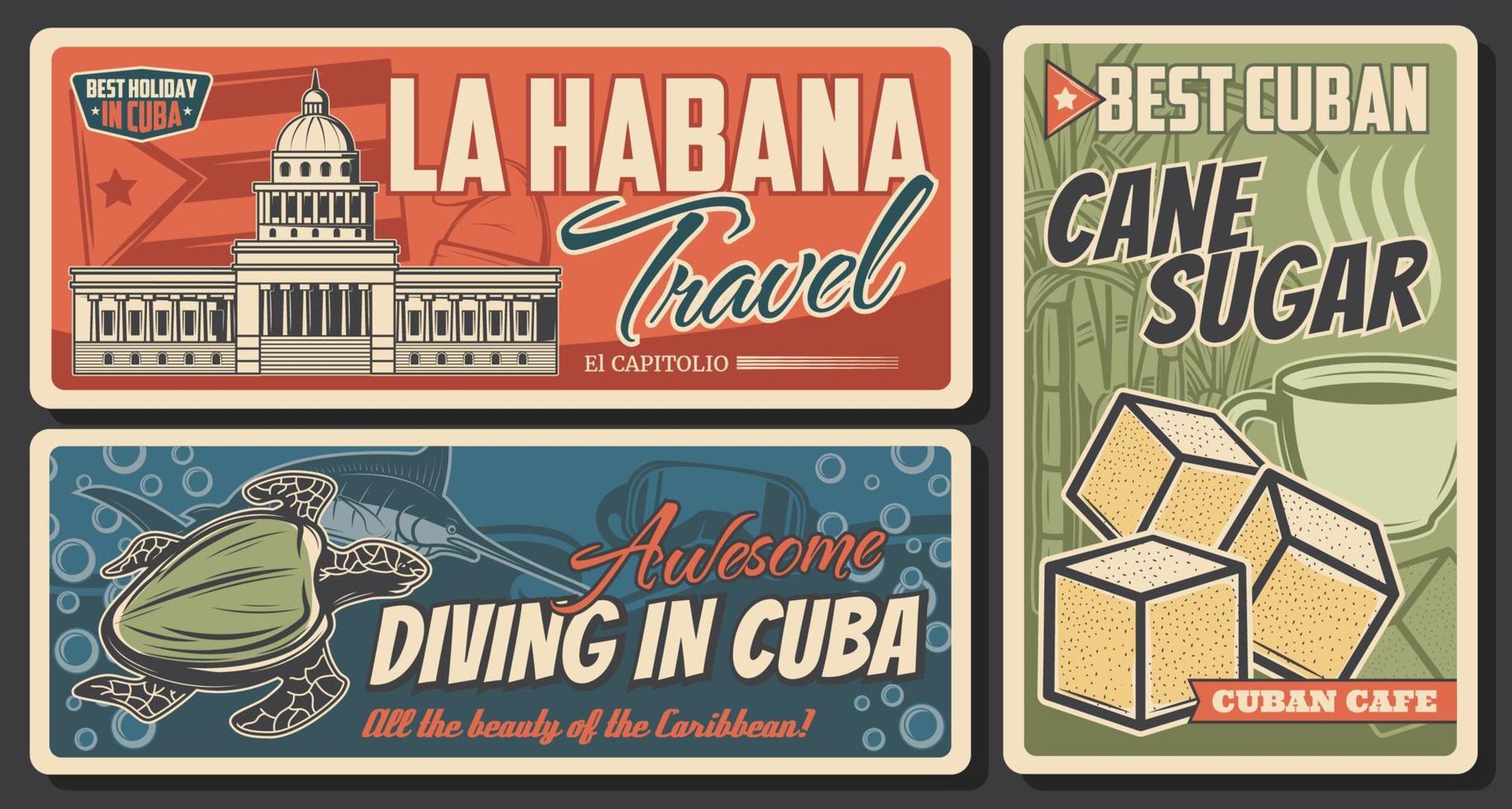 bandera cubana, punto de referencia de viajes a la habana y máscara de buceo vector