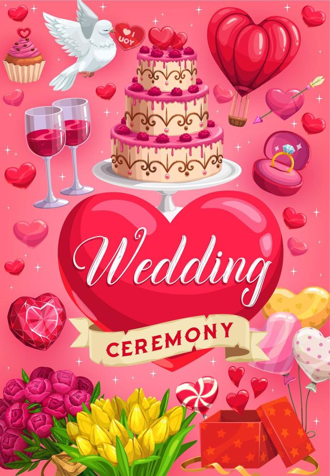 Wedding day ceremony invitation, cake hearts vector