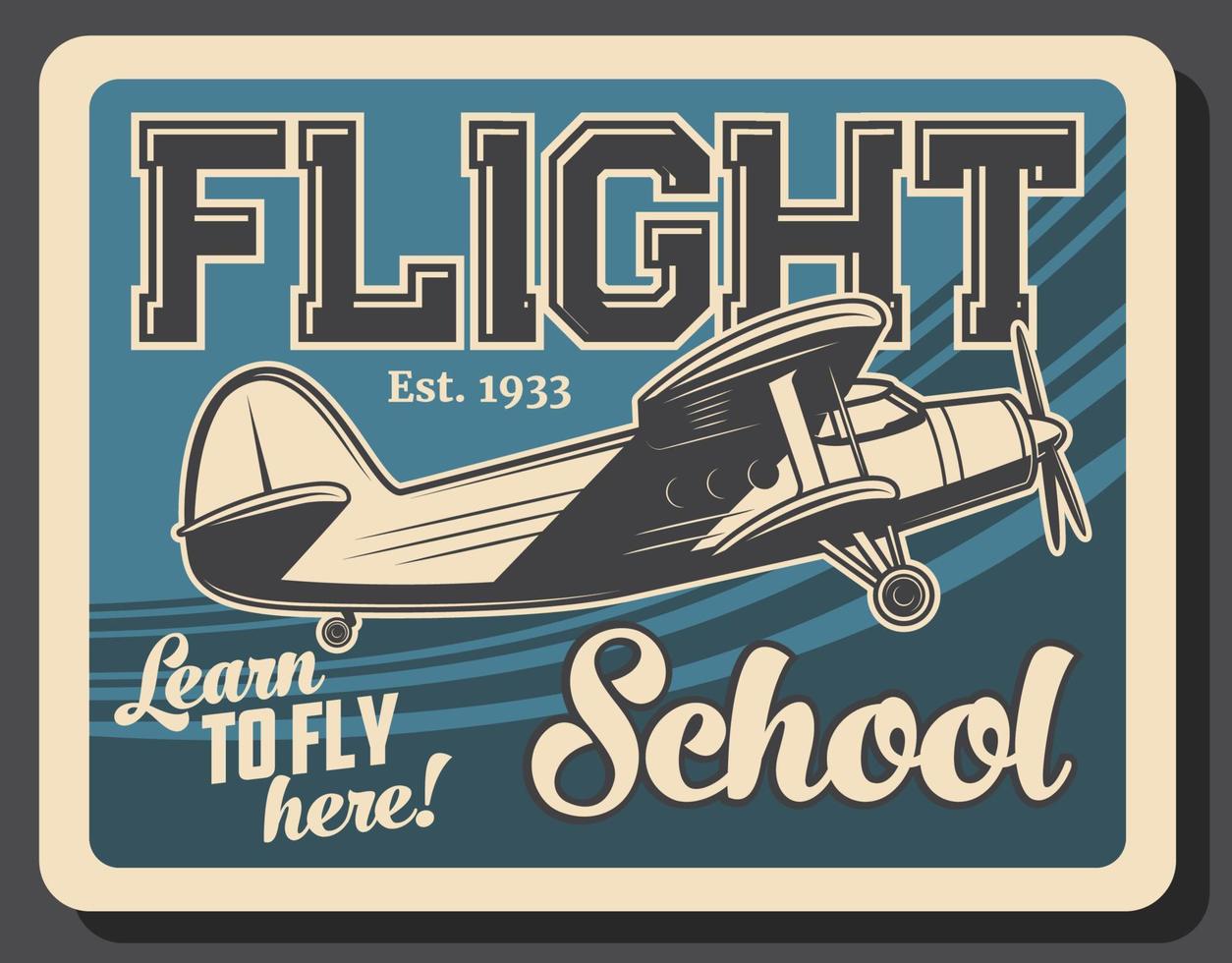 Afiche vectorial retro de la escuela de vuelo, avión antiguo vector
