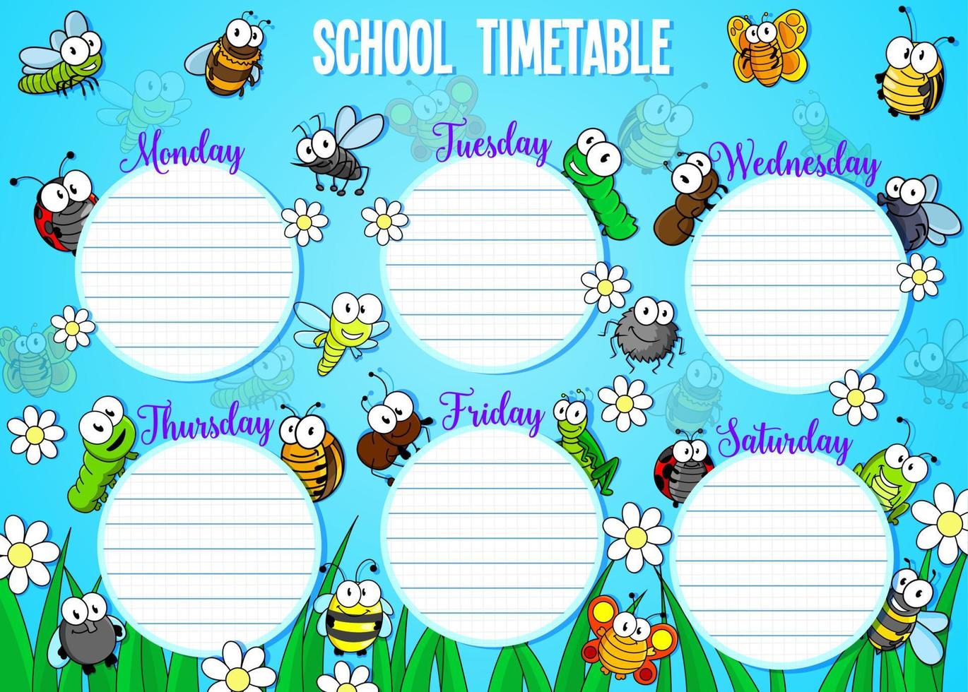 School timetable with cartoon bugs and insects vector