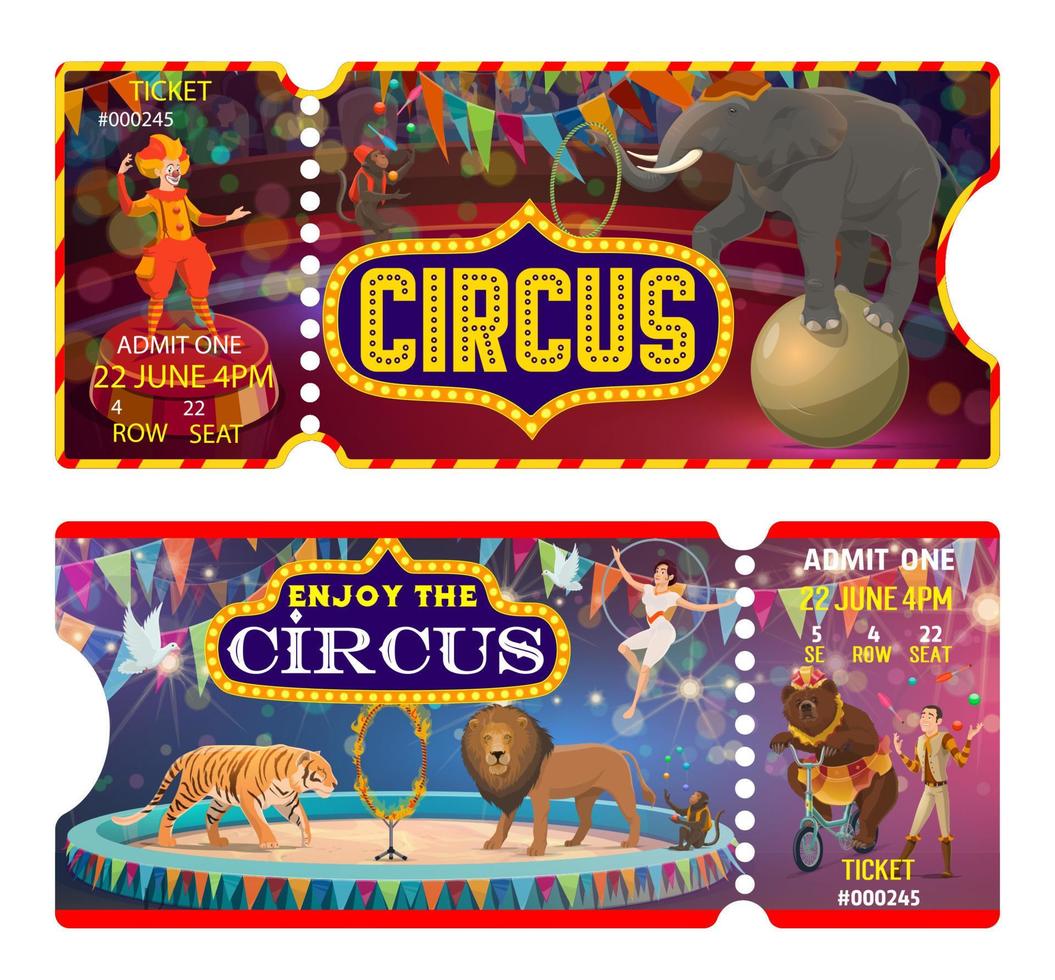 Circus tickets with clown, juggler and animals vector