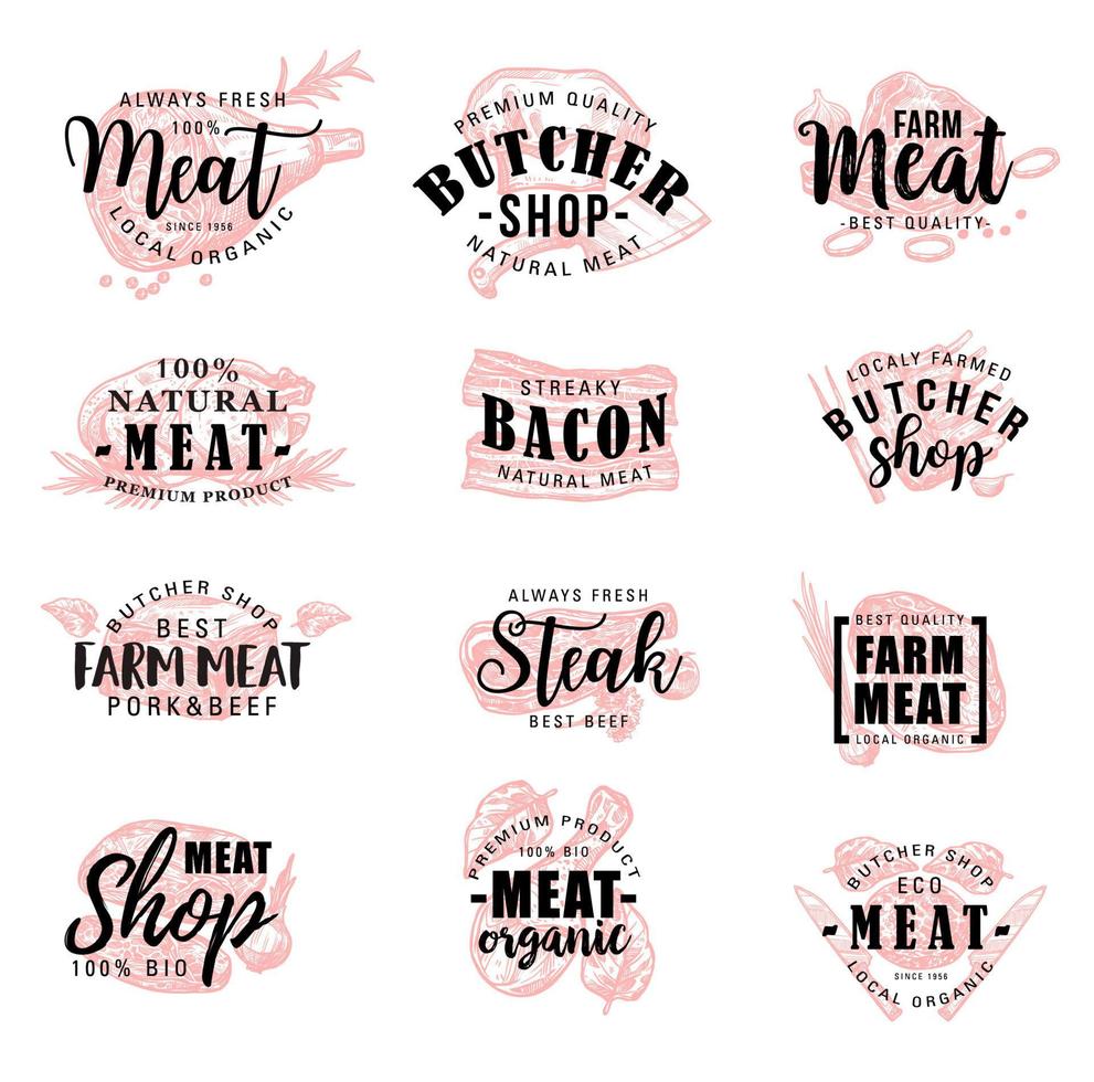 Butcher shop farm meat products sketch lettering vector