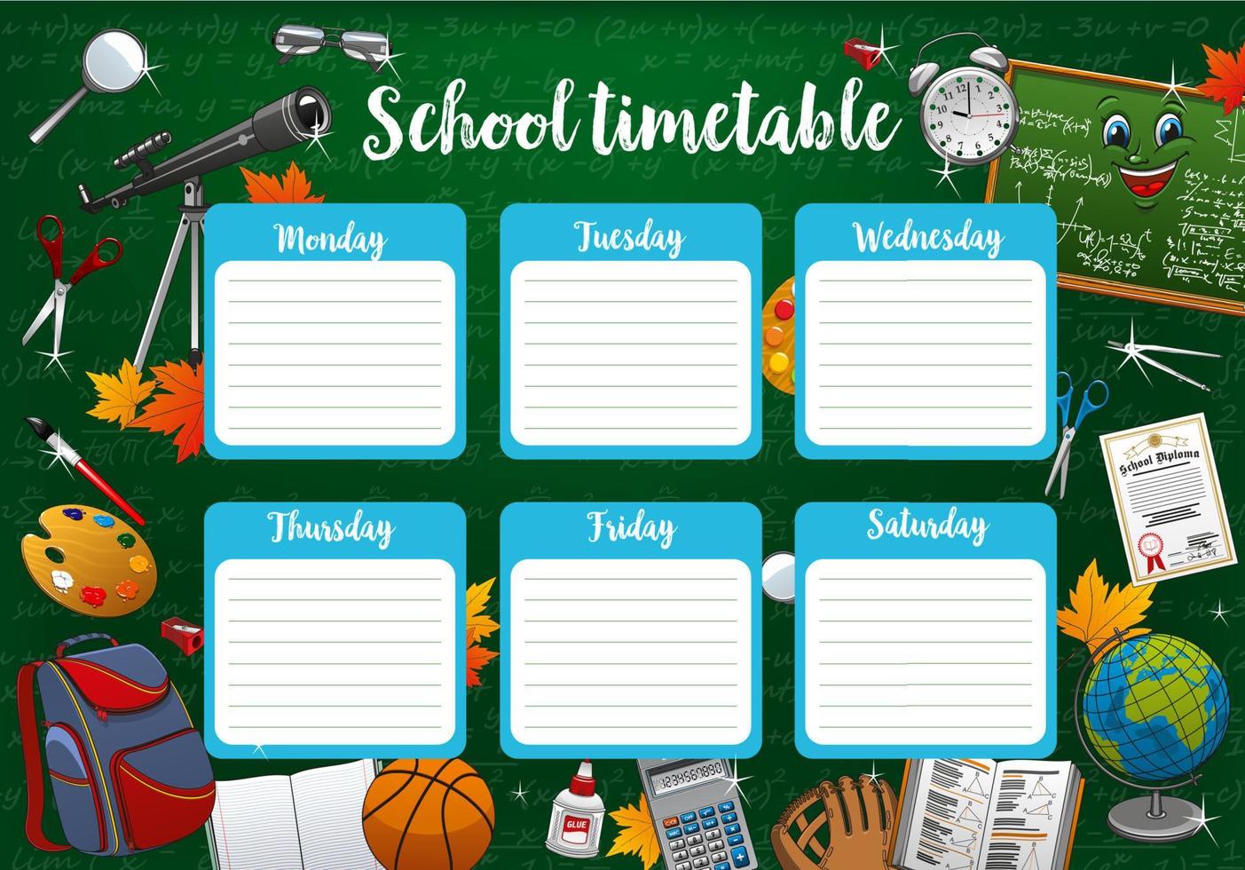 Schedule on whole school week, days and stationery vector