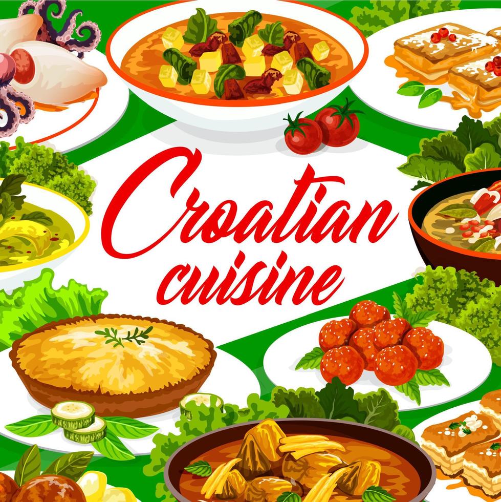 Croatian food, authentic restaurant meals menu vector