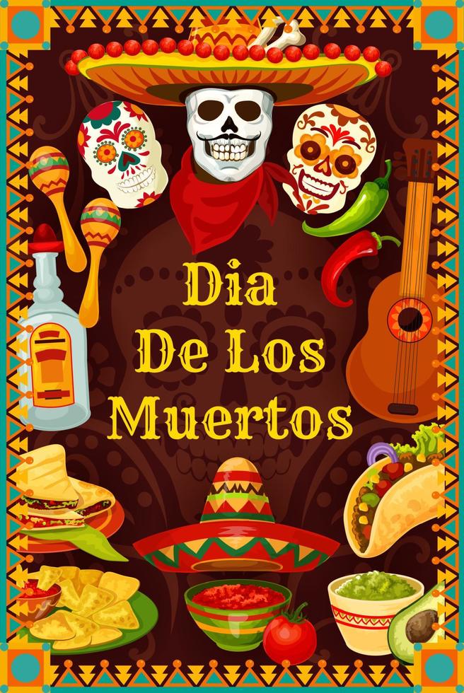 dia de los muertos calavera mexicana en sombrero vector