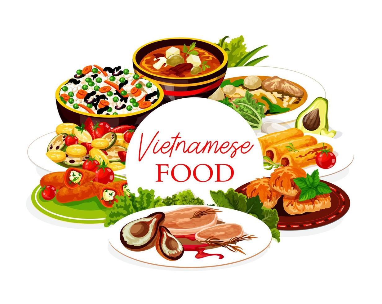 Vietnamese asian cuisine rice, meat, fish dishes vector