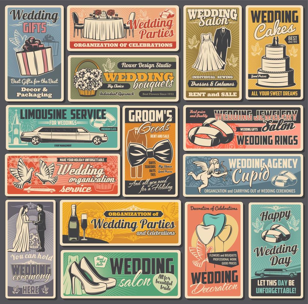 Wedding and marriage ceremony posters vector