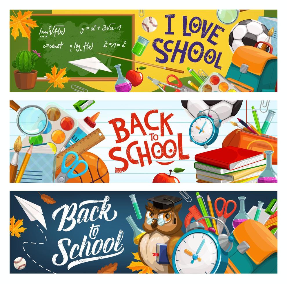 Back to School, classroom chalkboard and supplies vector