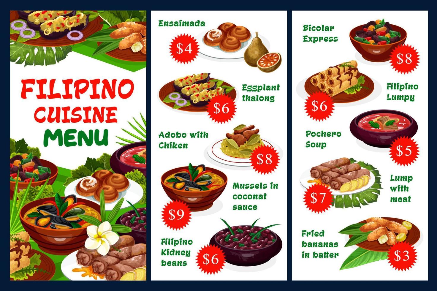 menú del restaurante filipino, cocina tradicional vector