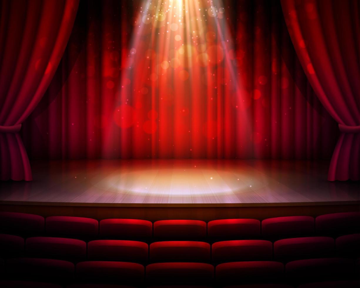 escenario, cortinas rojas, centro de atención, fondo de asientos vector