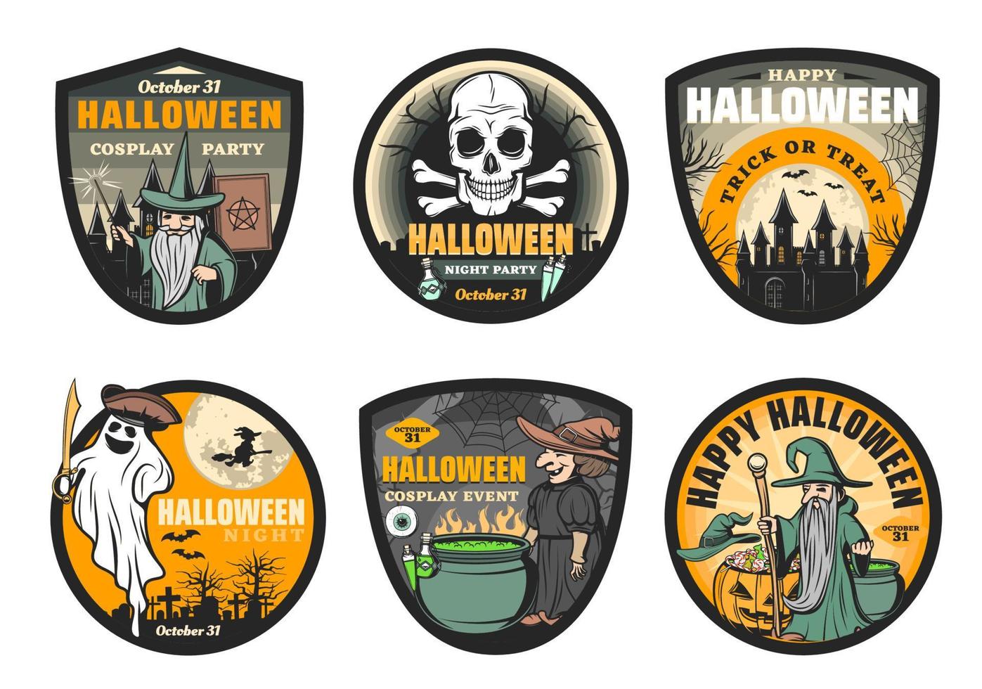 Ghost, witch, skull, moon and bat. Halloween icons vector