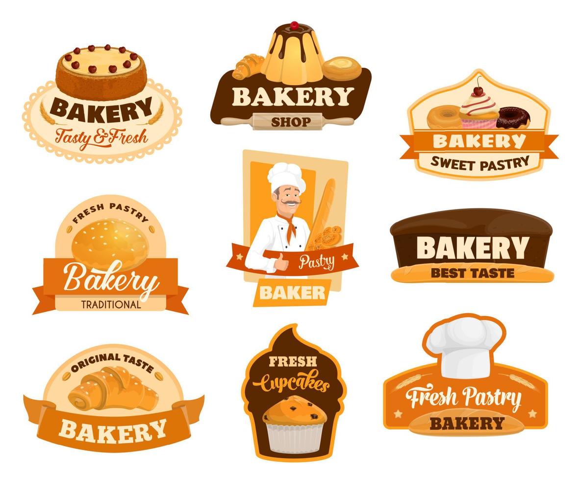 panadero con pan y bollería iconos aislados vector