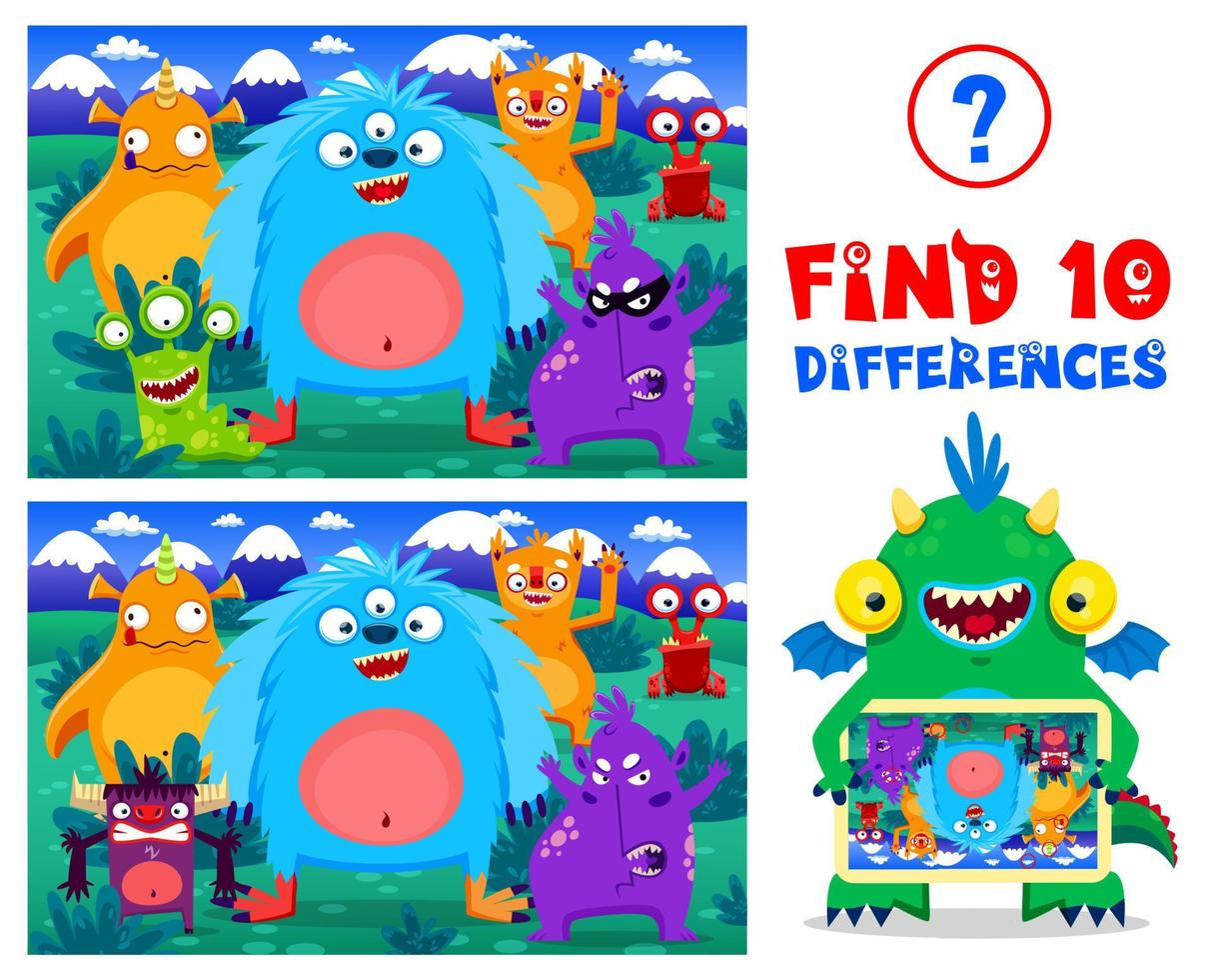 Cartoon monster characters, find ten differences vector