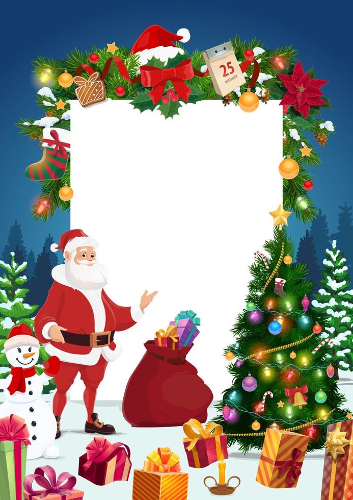 Santa, snowman with Christmas tree and signboard vector