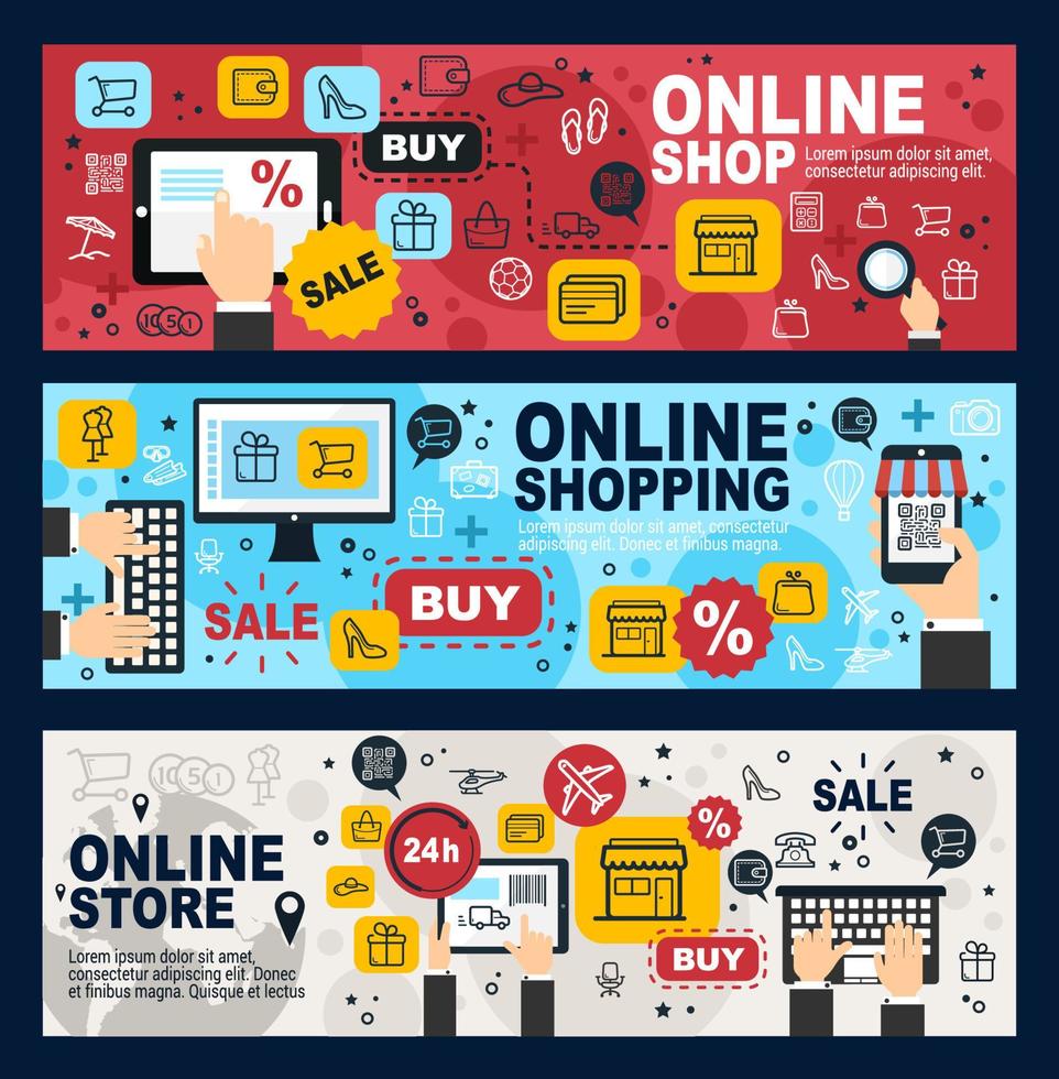 Online shop, e-commerce, web store and retail vector