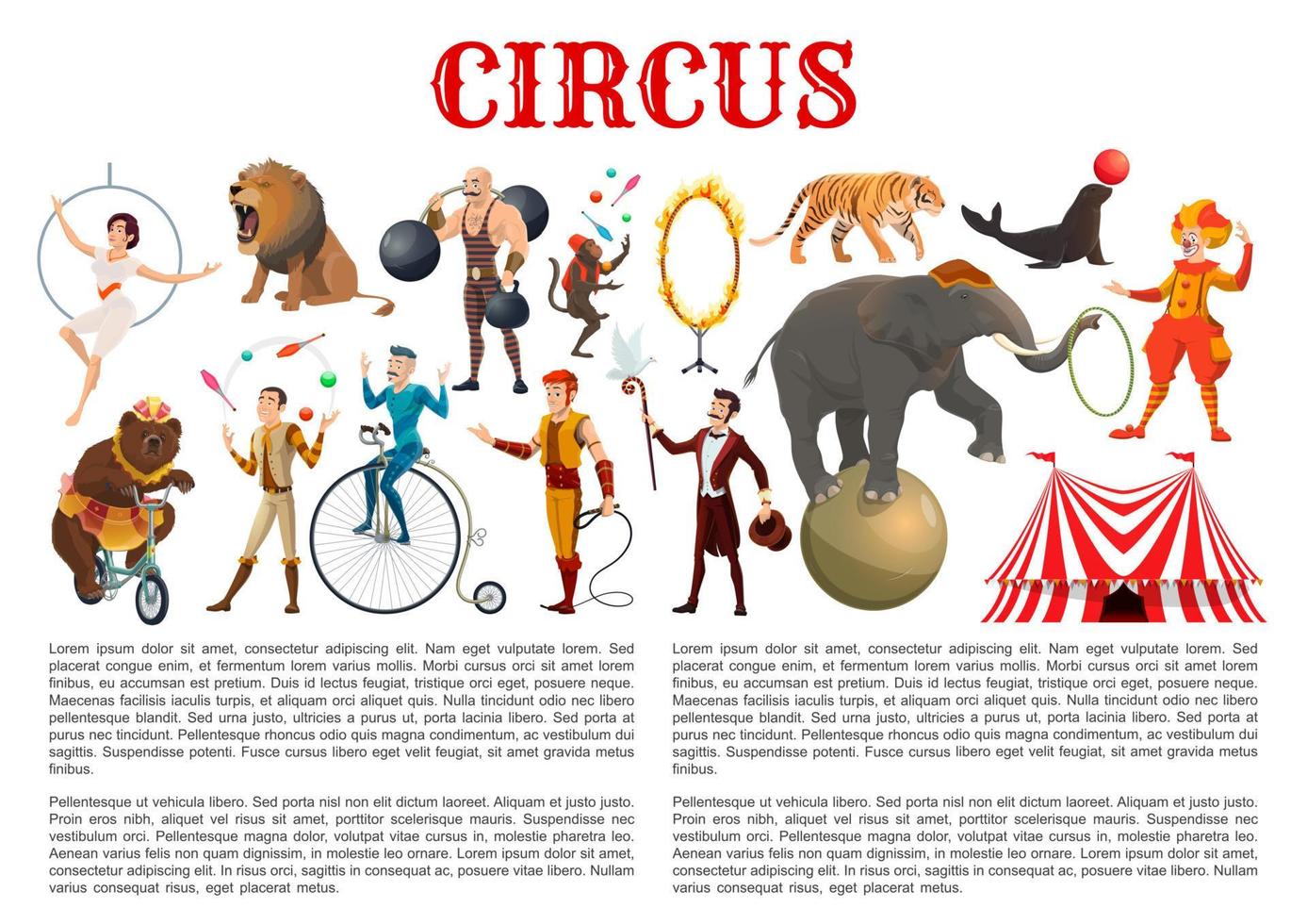 Grandes domadores y equilibristas de animales de circo. vector