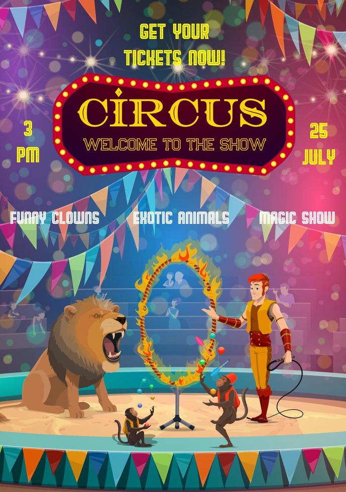 Big top circus show, animals tamer and jugglers vector