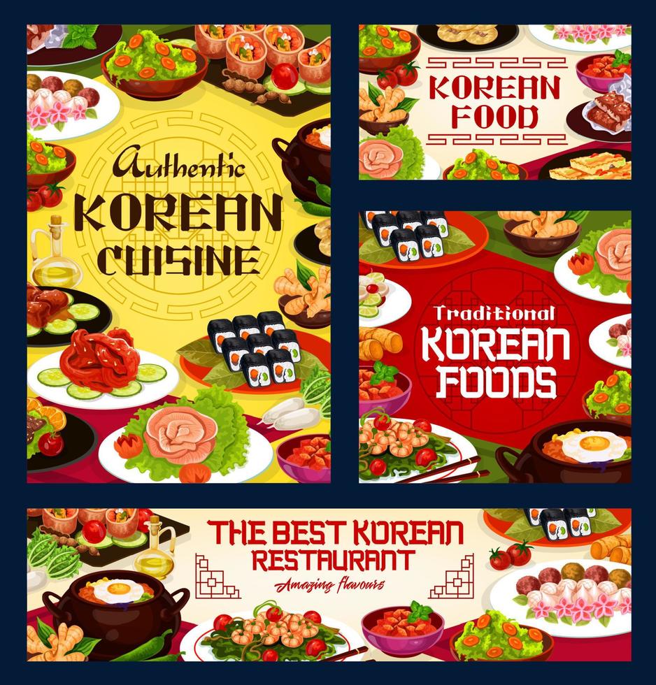 Korean cuisine, authentic food restaurant menu vector