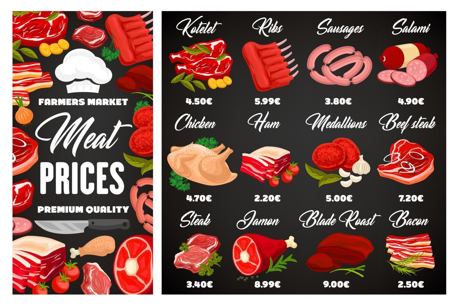 Butcher meat and sausages, butchery shop menu vector