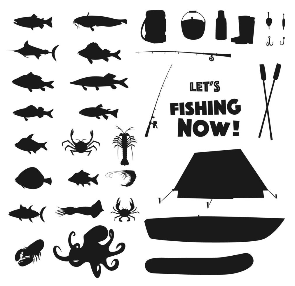 equipo de pesca y siluetas de animales marinos vector