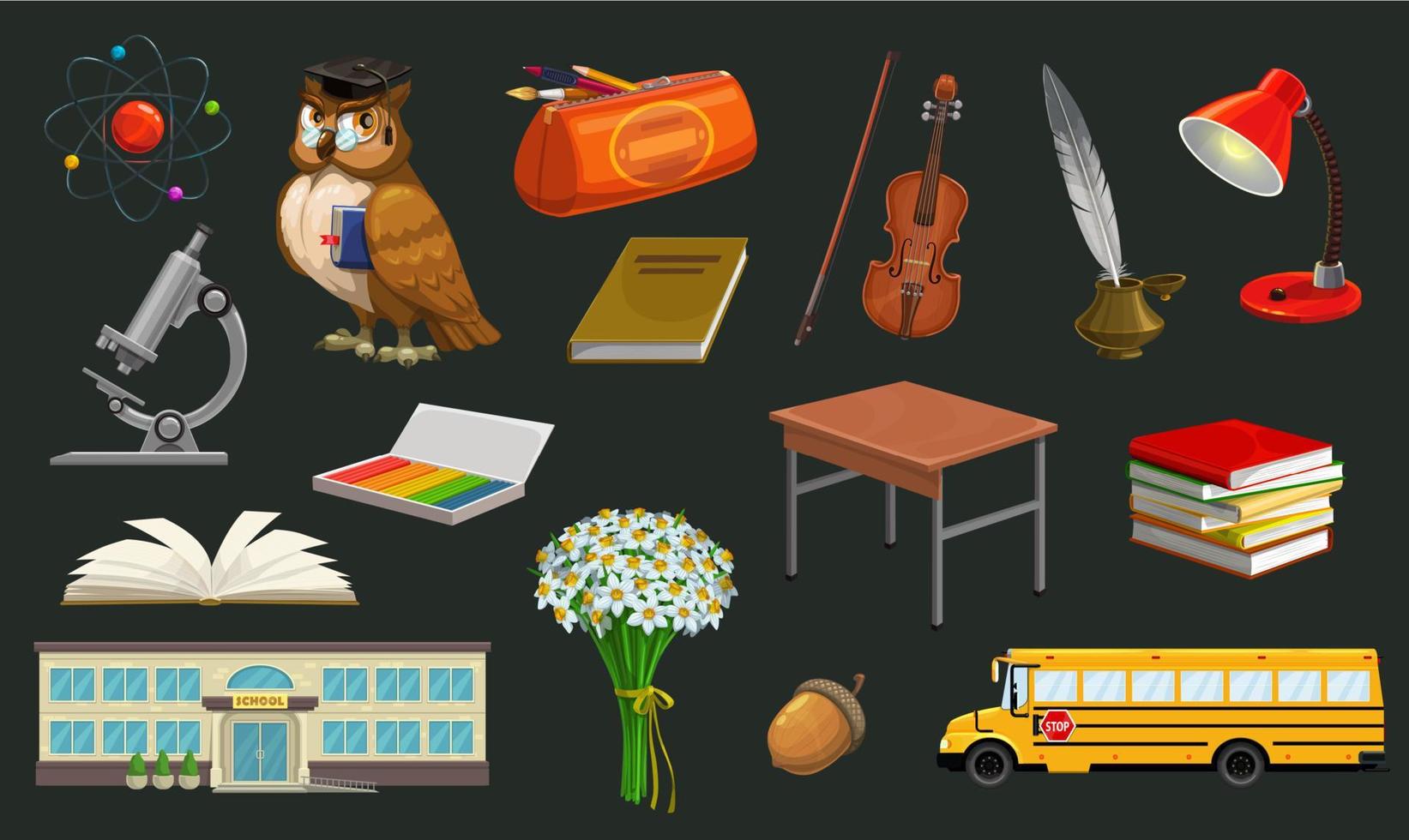 Welcome back to school symbols, owl and table, bus vector