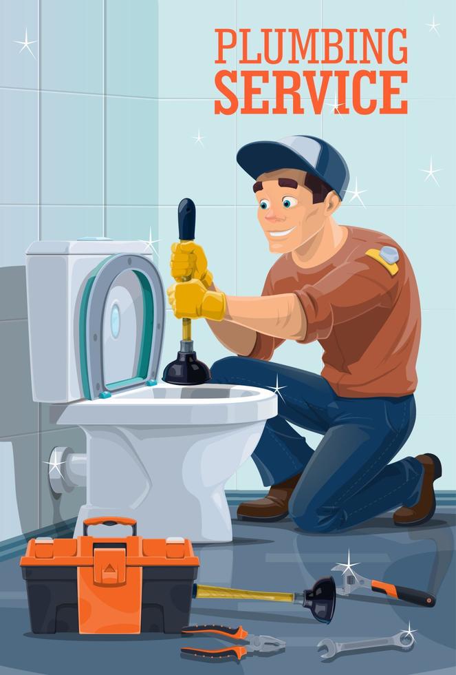 Plumber with toilet, plunger, wrench and spanner vector