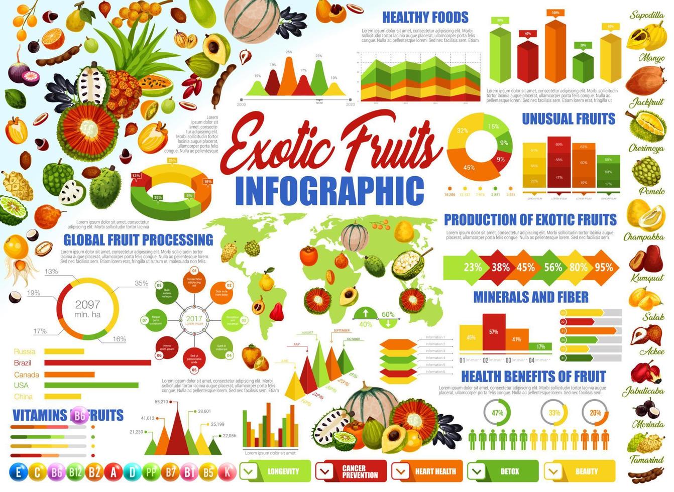 Exotic tropical fruits, healthy food infographic vector