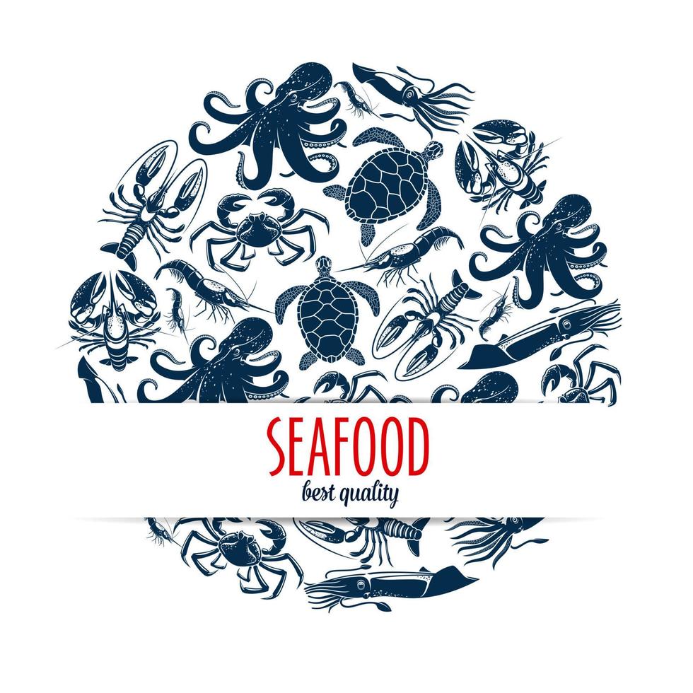 Crab, lobster, octopus, squid and shrimp. Seafood vector