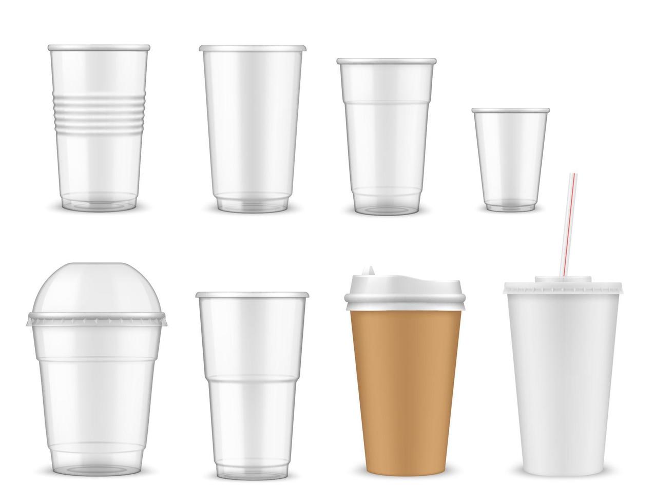 Plastic and paper cups, mugs of takeaway drinks vector